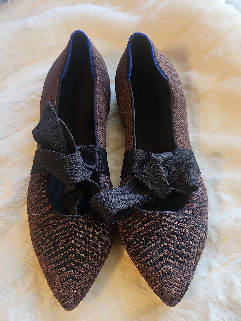 ROTIS SIZE 12 NWOT Womens Pointed Knit Ballet Flats with Bow - Black and Copper
